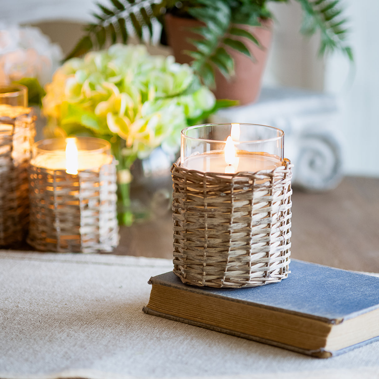 Woven Wicker Glass LED Candle