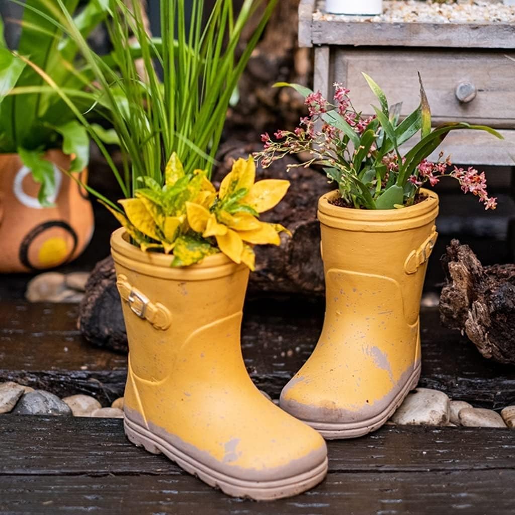 Yellow Cement Rain Boot Planter Set