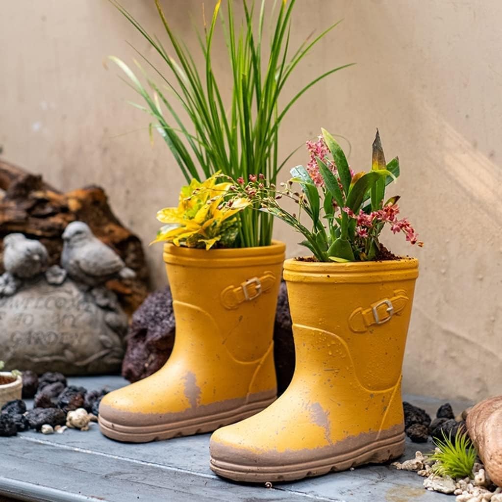 Yellow Cement Rain Boot Planter Set