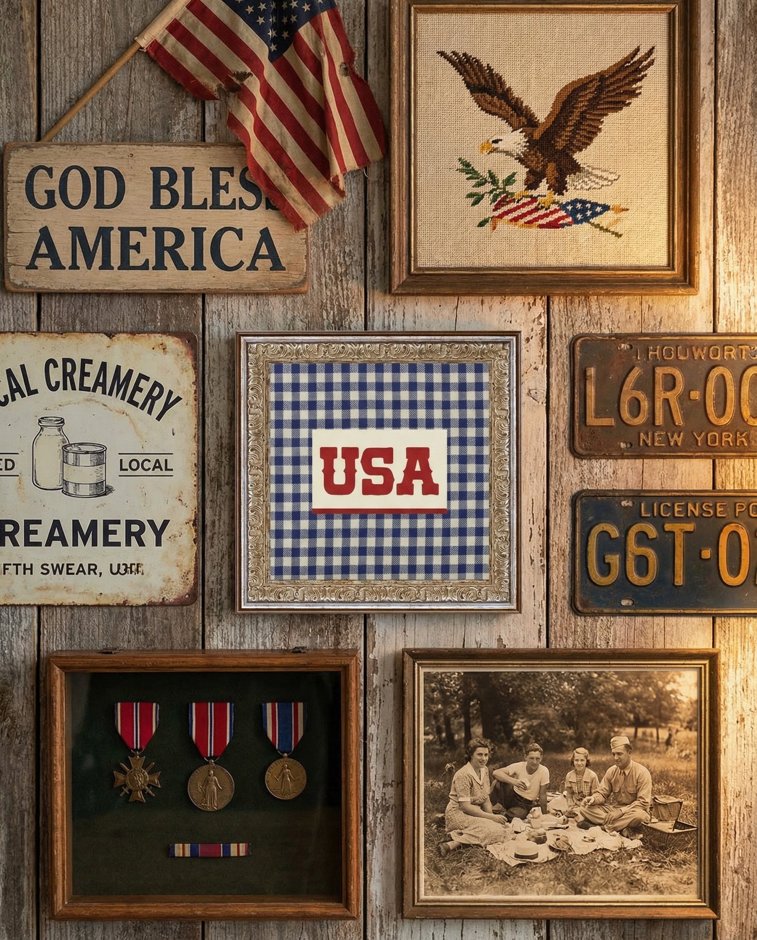 Framed Gingham USA Wall Art