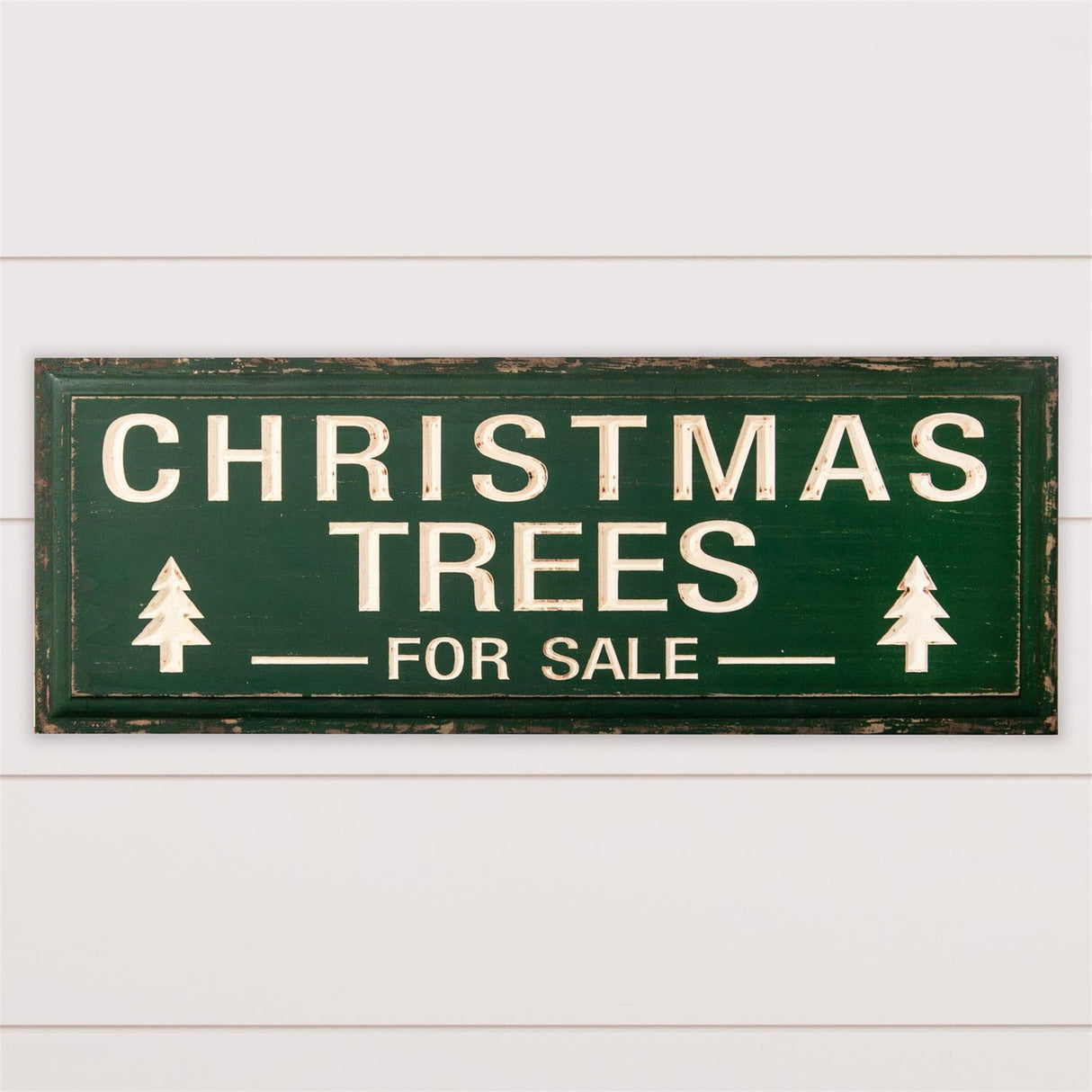 Green Carved Wood Christmas Trees for Sale Sign
