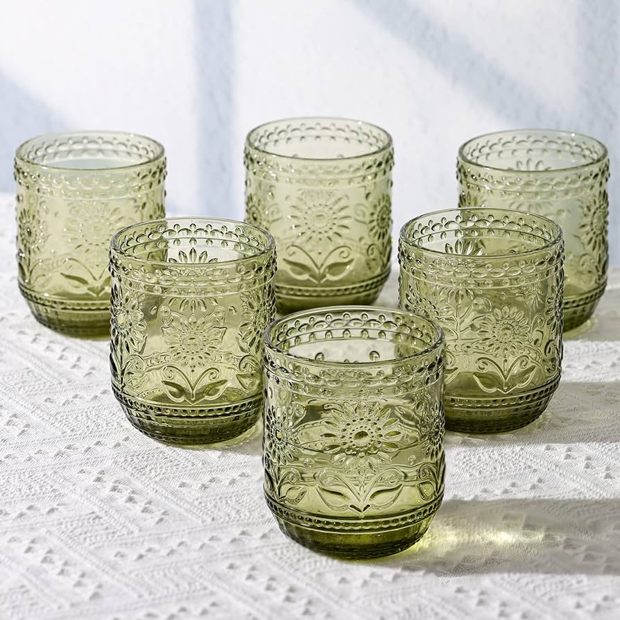 Green Embossed Floral Drinking Glass | 12 oz