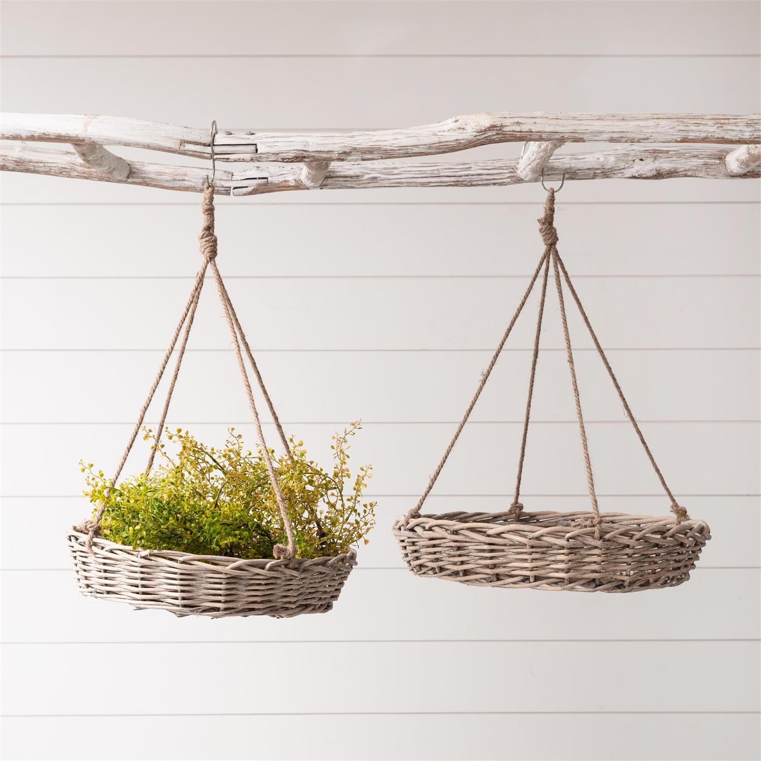 hanging wicker baskets plants Weathered Wicker Hanging Basket with Jute Rope