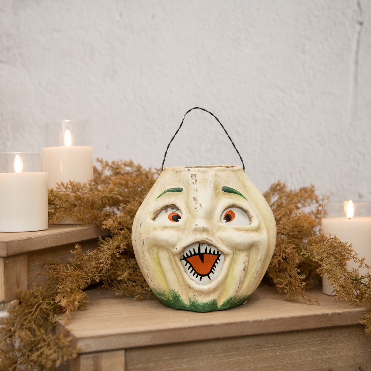 Vintage-Inspired White Resin Mache Jack-O-Lantern Choir Boy Candy Buckets