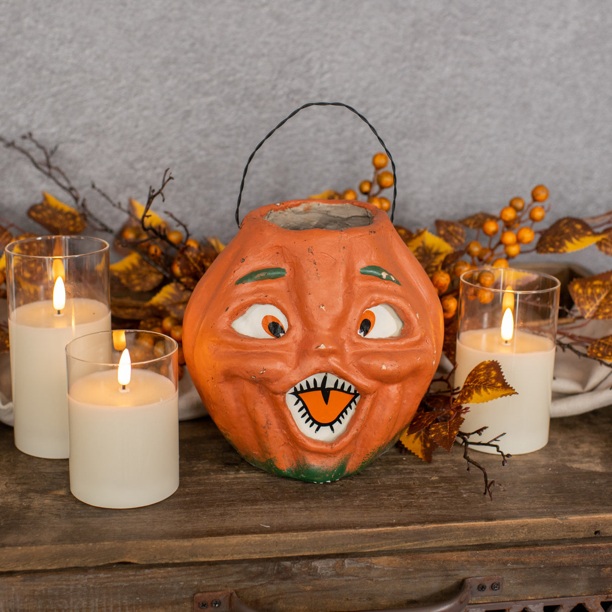 Vintage-Inspired Orange Resin Mache Jack-O-Lantern Choir Boy Candy Bucket | 2 Sizes