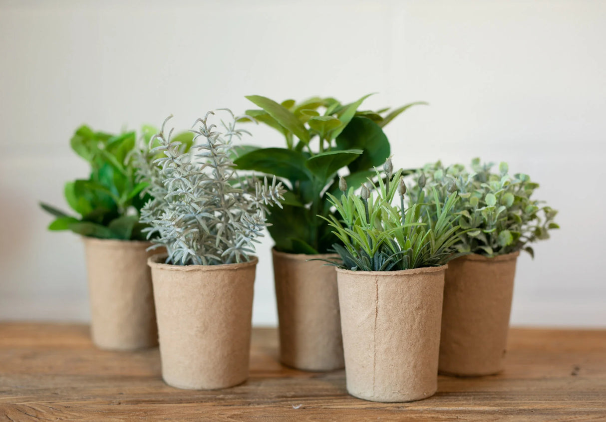 Faux Herbs in Paper Pots