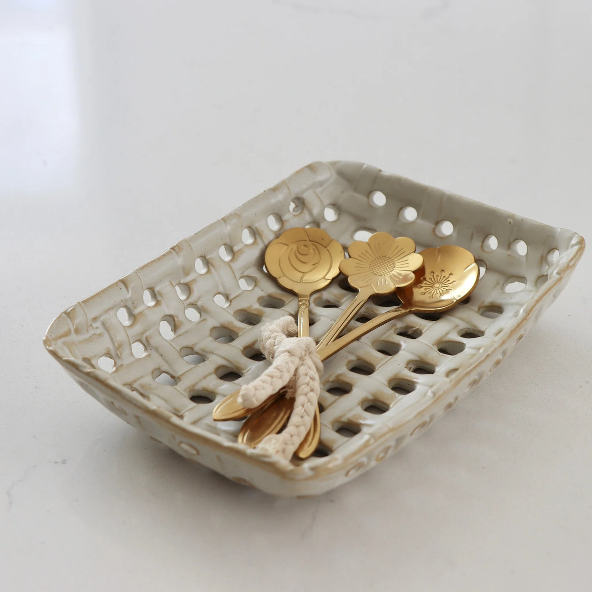 Handmade Cream Stoneware Basket Dish