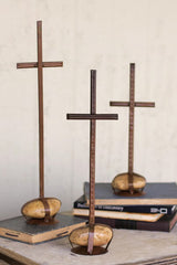 Handmade Recycled Metal Crosses with Caged Rock Bases