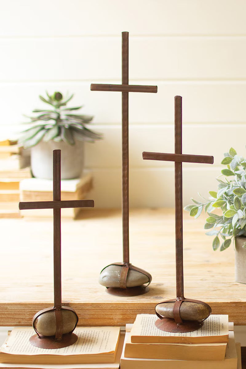 Handmade Recycled Metal Crosses with Caged Rock Bases