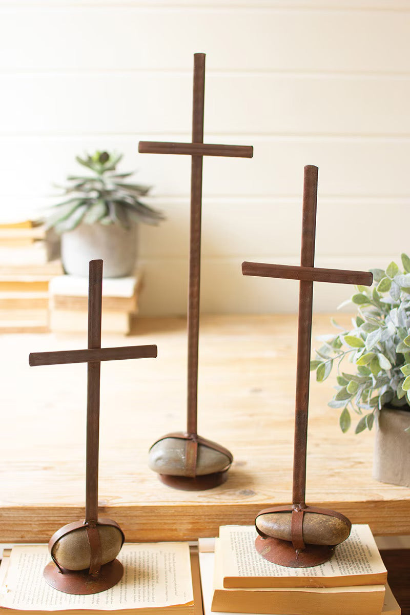 Handmade Recycled Metal Crosses with Caged Rock Bases