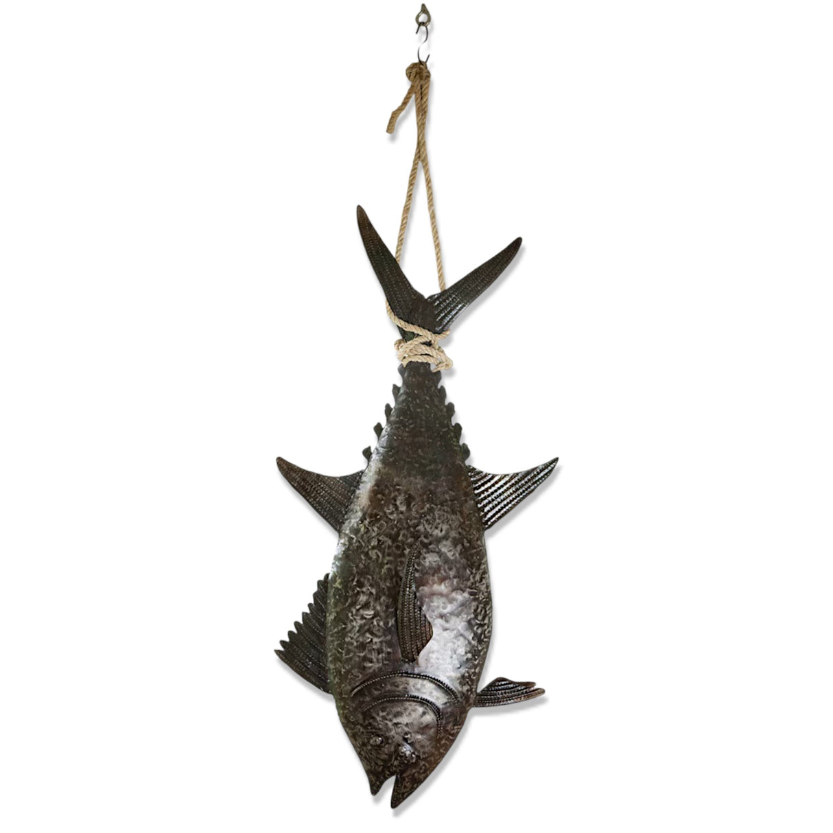 Recycled Metal Hanging Tuna Wall Sculpture with Sisal Rope