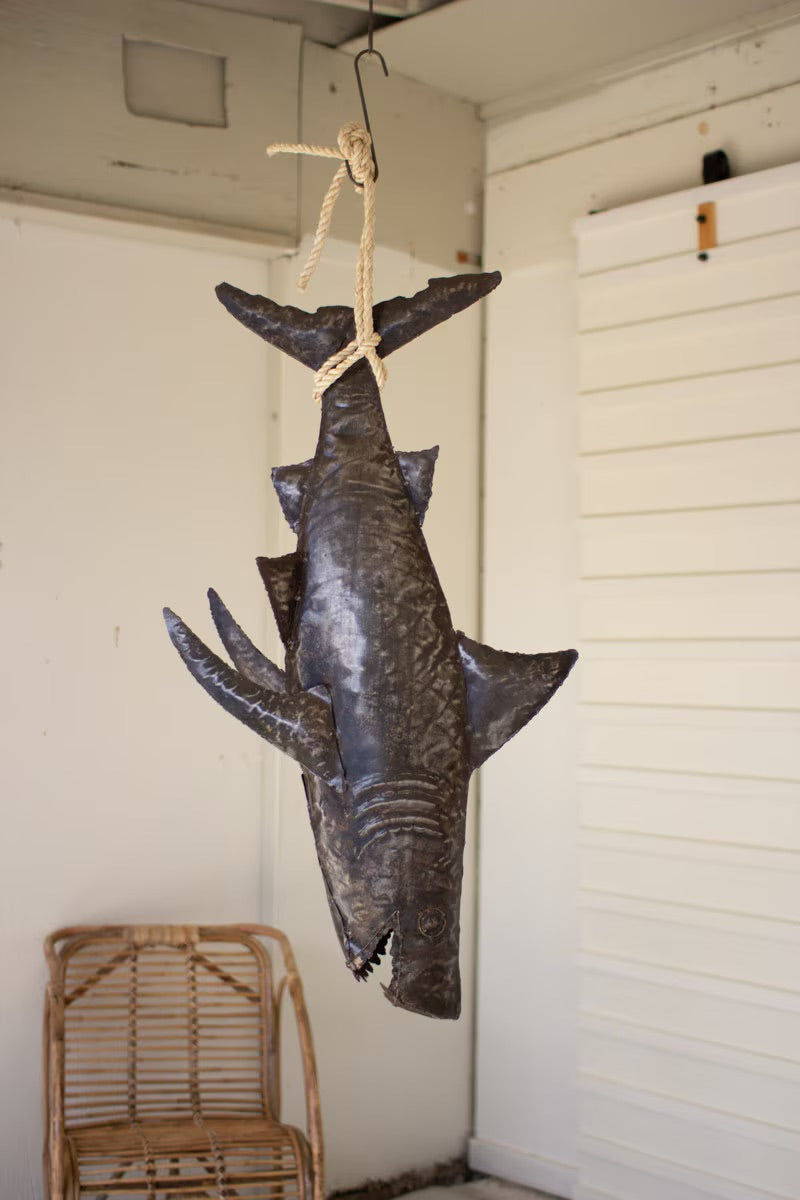 Recycled Metal Hanging Shark Sculpture with Sisal Rope