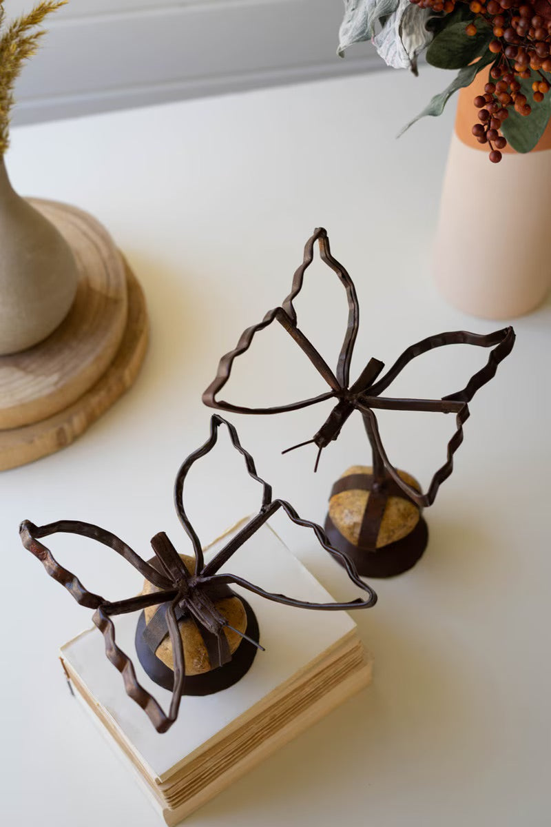 Handmade Metal Butterflies on Caged Rock Bases