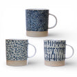 blue and cream ceramic coffee mug hand stamped pattern 16 oz mug