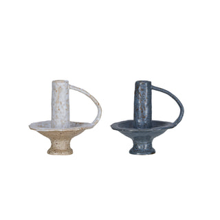 Reactive Glaze Stoneware Footed Taper Holder with Handle