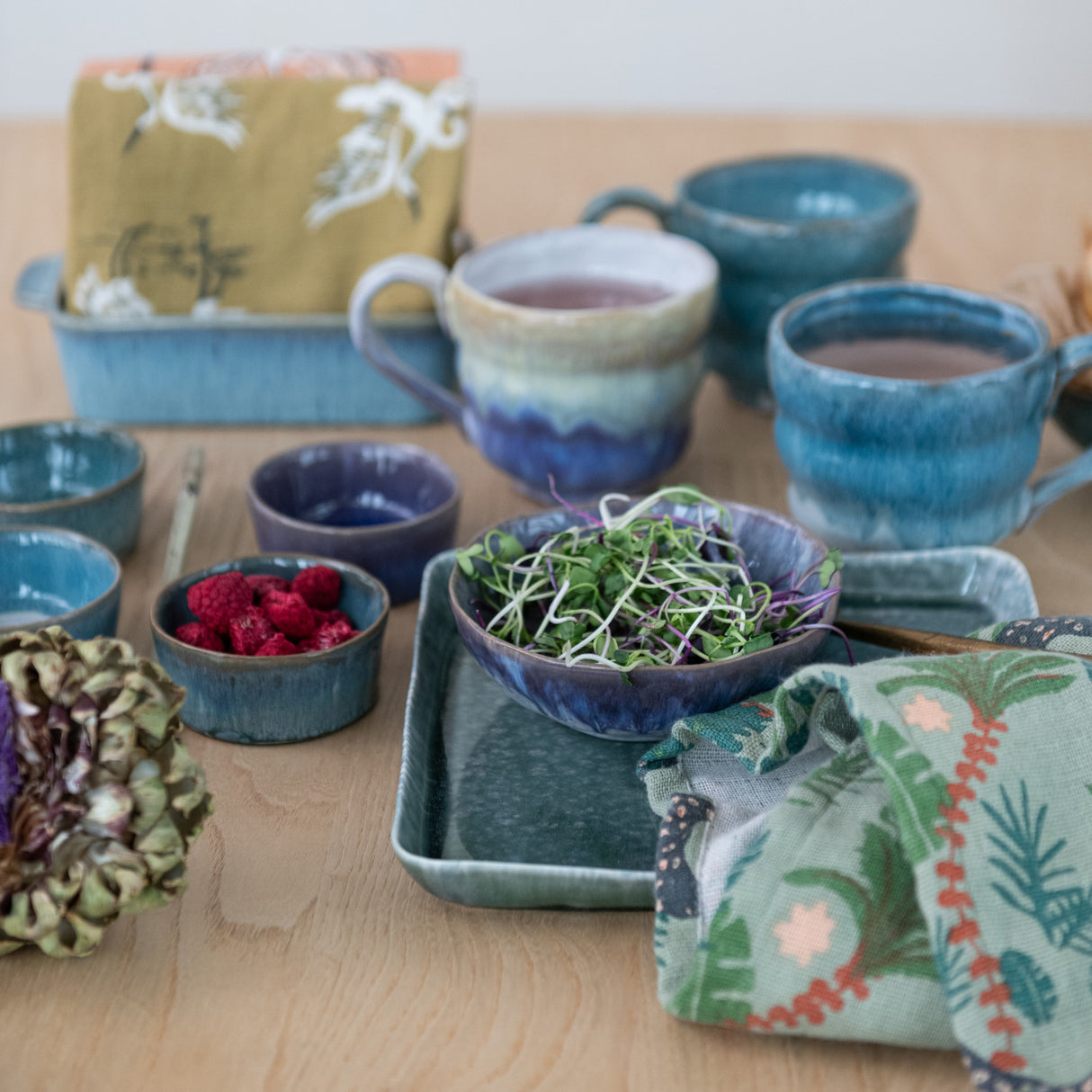 Reactive Glaze Wavy Blue & Teal Coffee Mugs