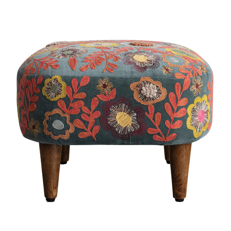 Embroidered Floral Velvet Stool