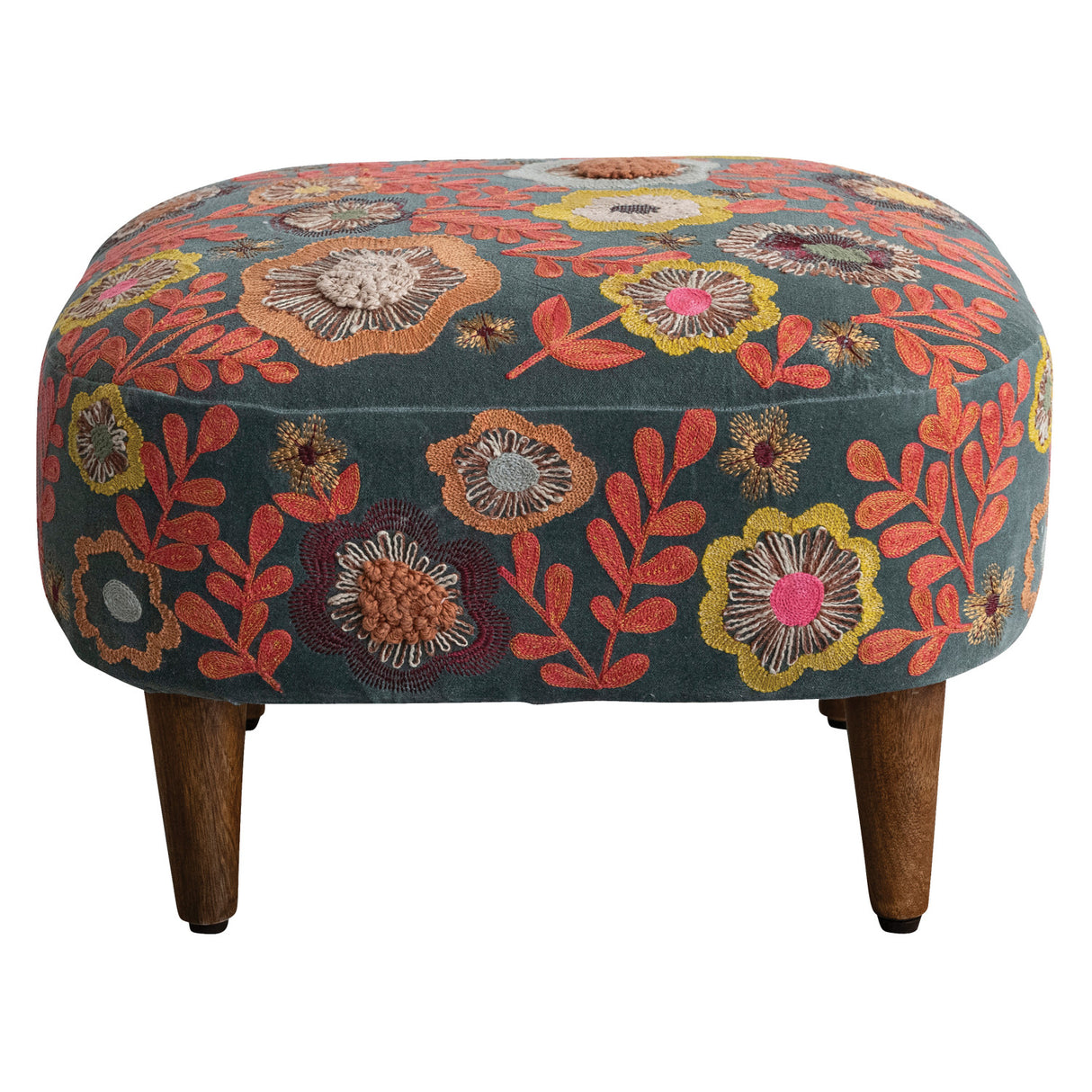 Embroidered Floral Velvet Stool