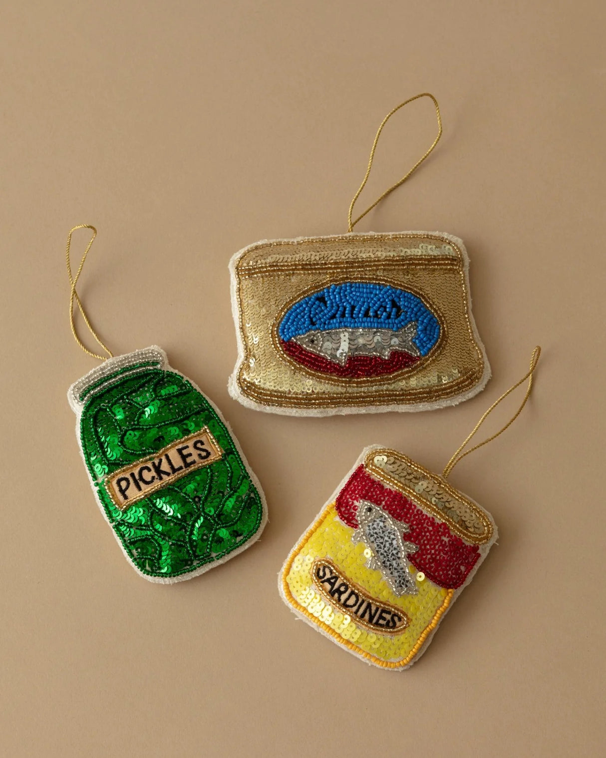 Handmade Beaded Caviar, Sardines, Pickle Ornaments | 3 Styles