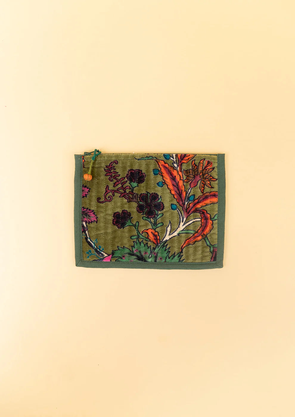 Quilted Velvet Flat Zipper Pouch with Vibrant Pattern