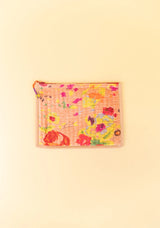 Quilted Velvet Flat Zipper Pouch with Vibrant Pattern