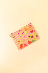 Quilted Velvet Flat Zipper Pouch with Vibrant Pattern