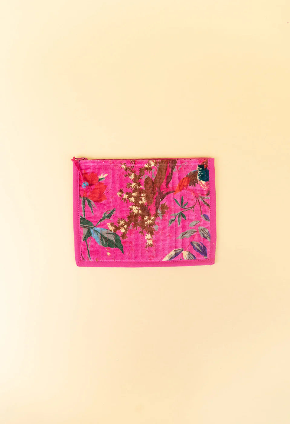 Quilted Velvet Flat Zipper Pouch with Vibrant Pattern