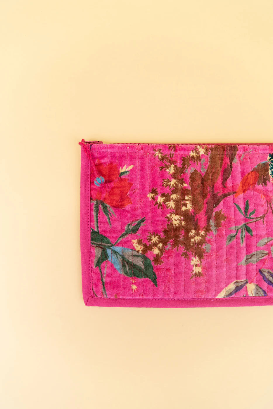 Quilted Velvet Flat Zipper Pouch with Vibrant Pattern