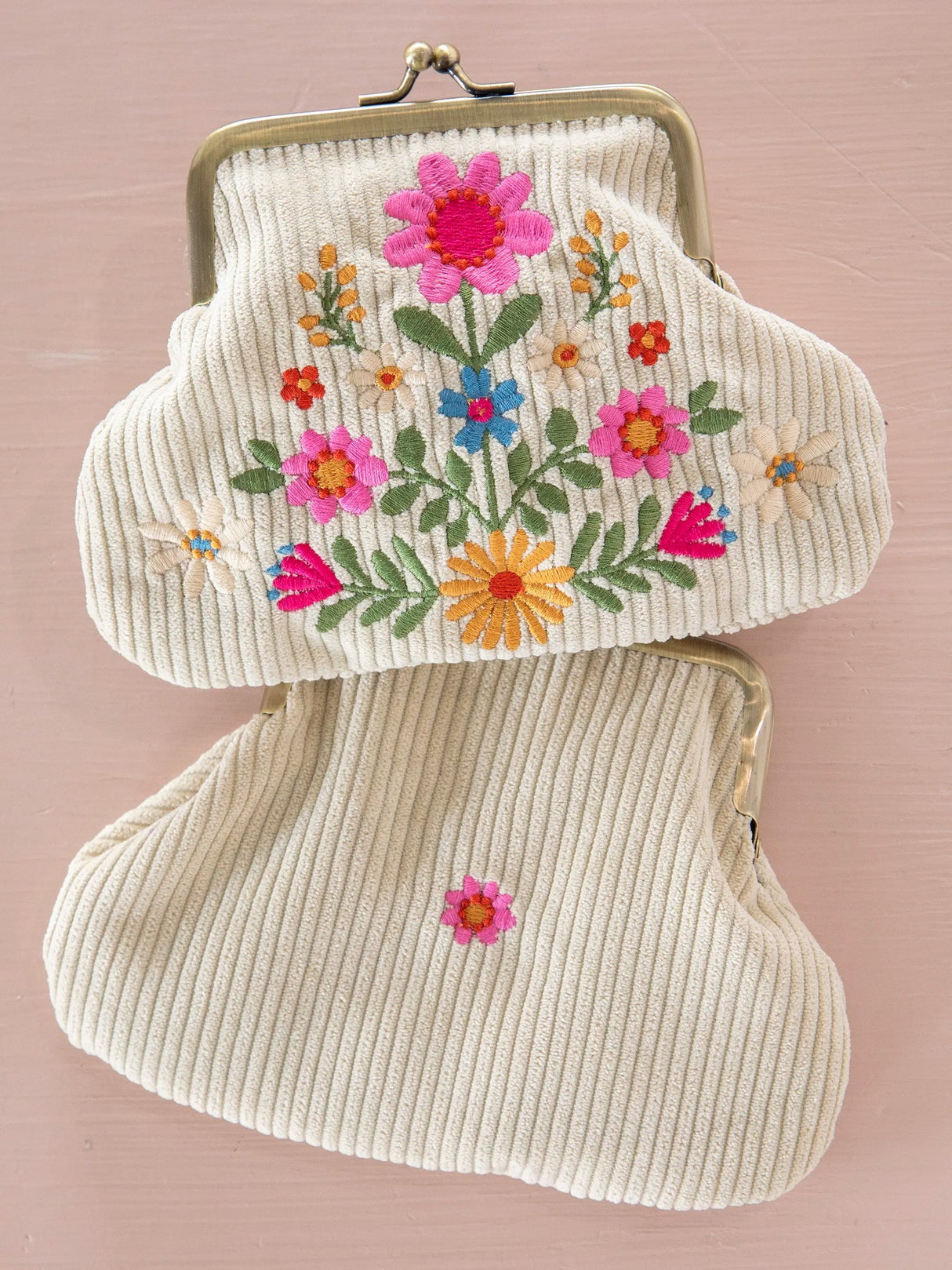 Cream Folk Flower Corduroy Kisslock Coin Purse