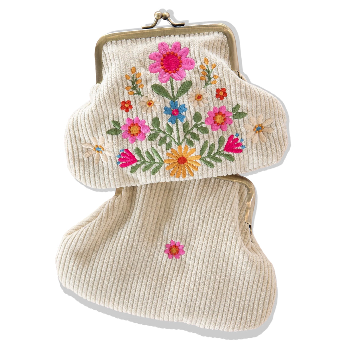 Cream Folk Flower Corduroy Kisslock Coin Purse