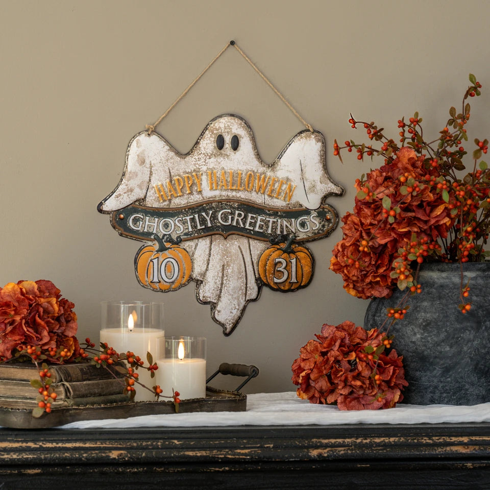 Ghostly Greetings Hanging Metal Halloween Sign