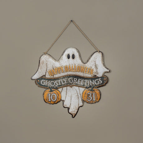 Ghostly Greetings Hanging Metal Halloween Sign