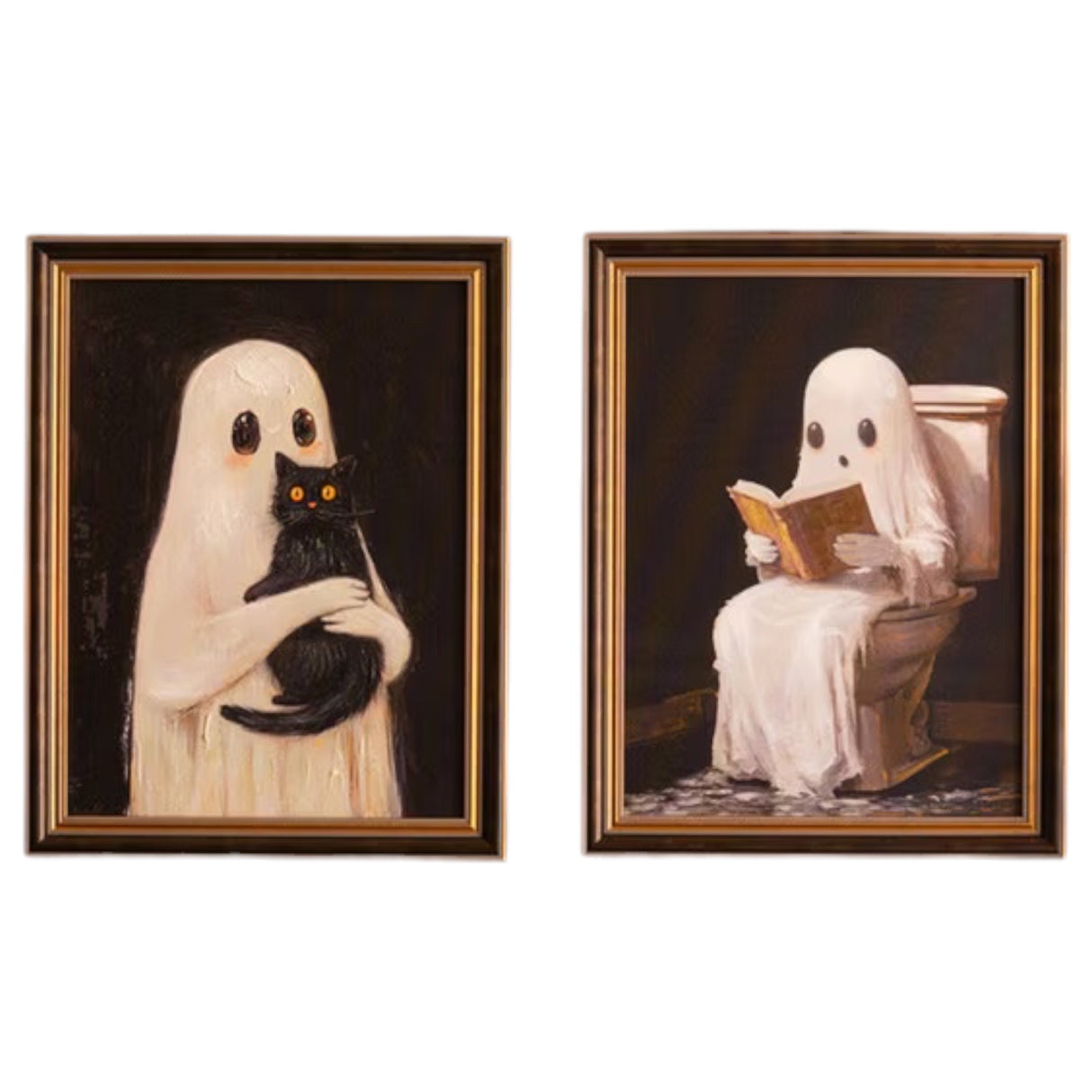 Framed Halloween Ghost Paintings | Black Cat & Toilet Ghost
