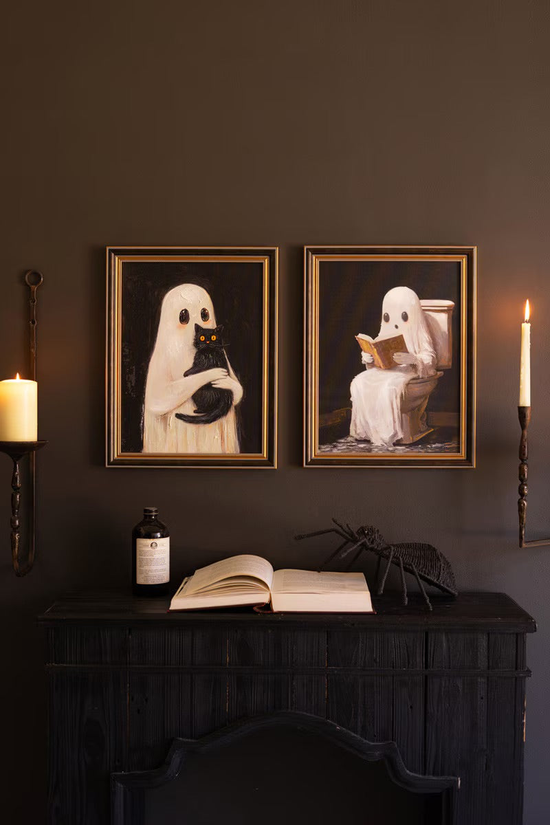 Framed Halloween Ghost Paintings | Black Cat & Toilet Ghost