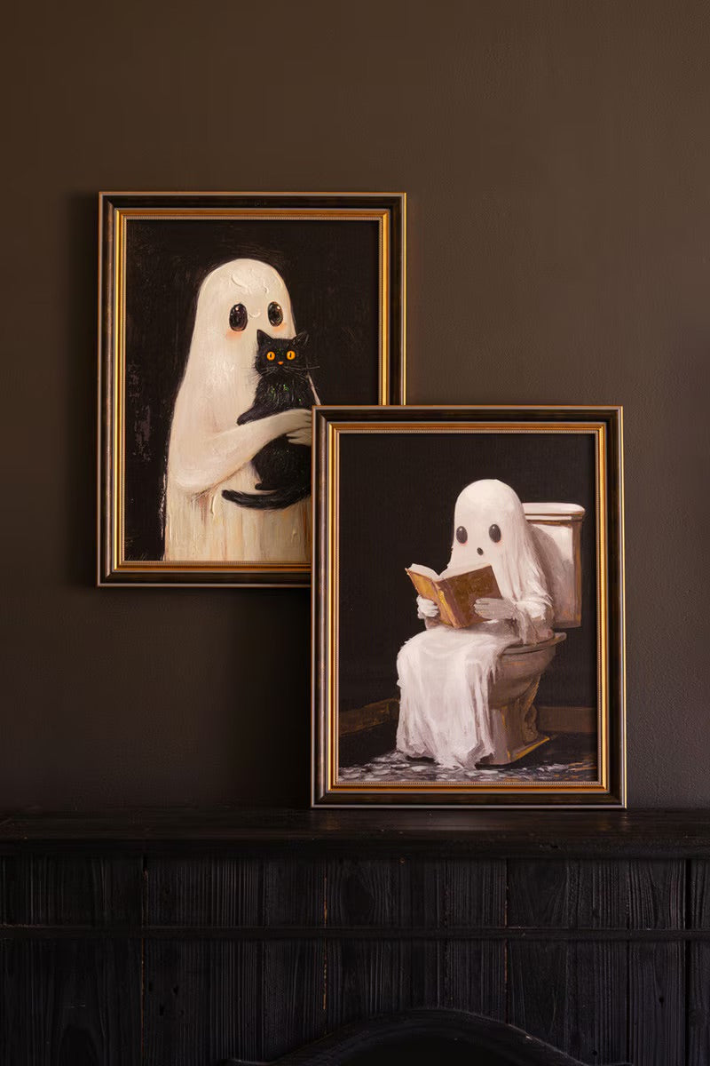 Framed Halloween Ghost Paintings | Black Cat & Toilet Ghost