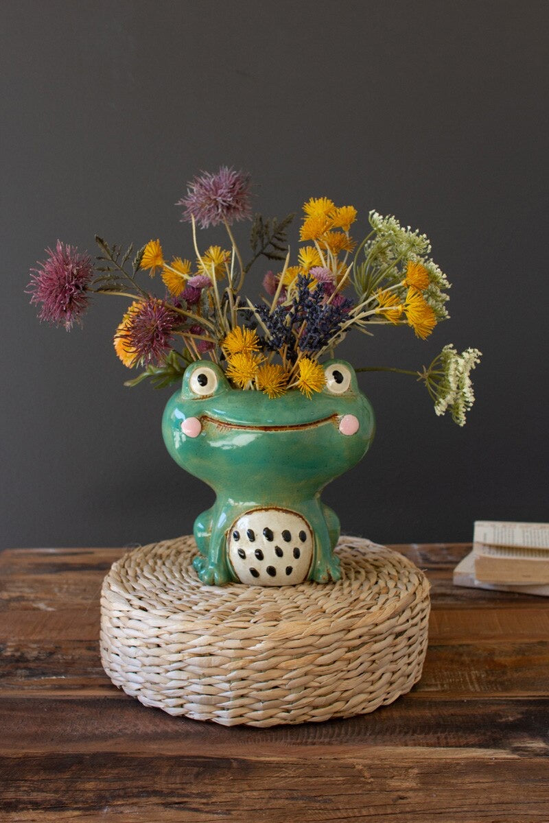 Ceramic Quirky Smiling Face Green Frog Planter