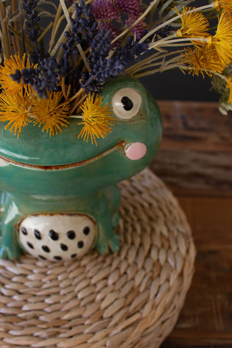 Ceramic Quirky Smiling Face Green Frog Planter
