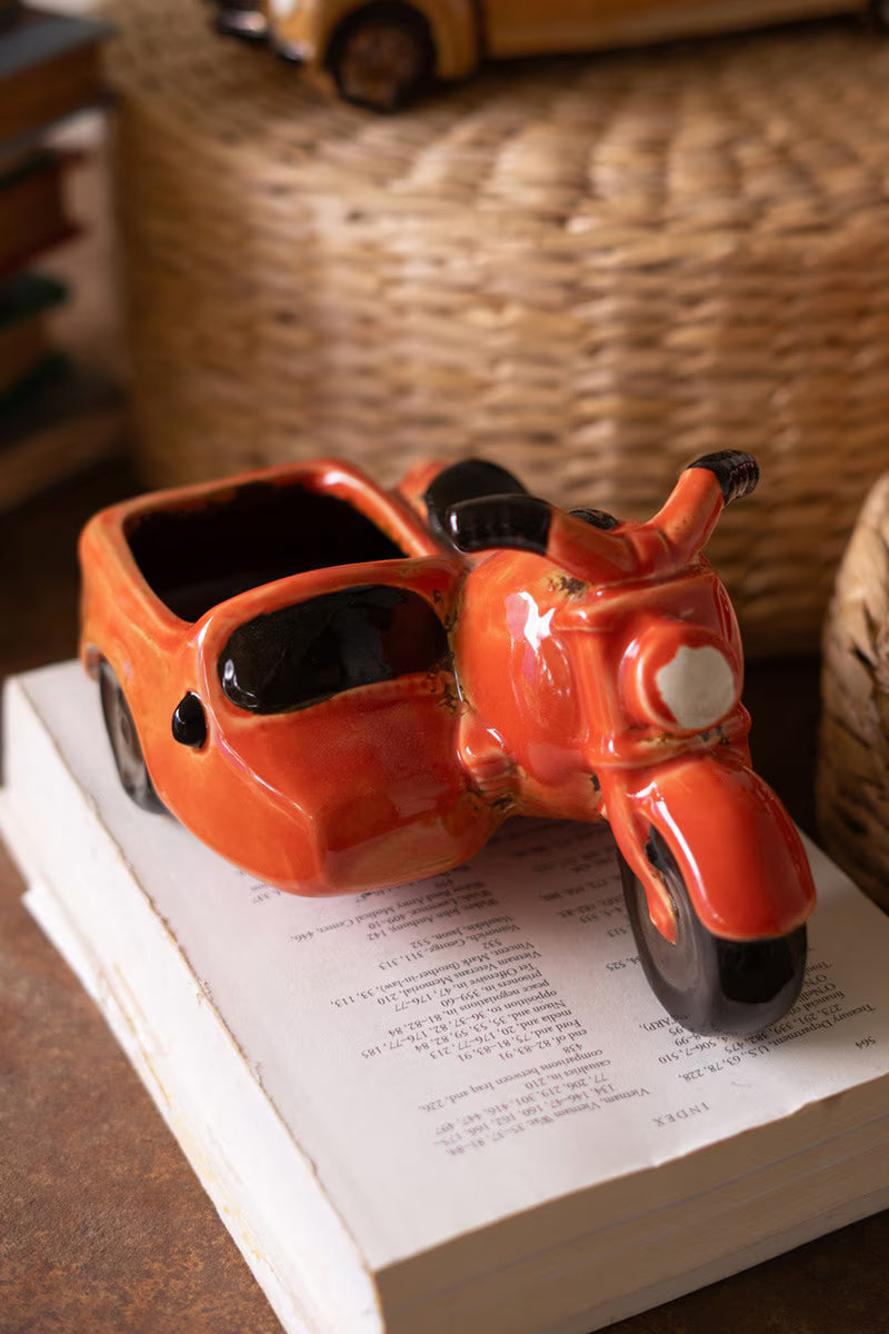 Ceramic Motorcycle with Sidecar Planter