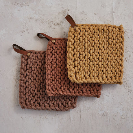 Crocheted Cotton Pot Holder with Leather Loop