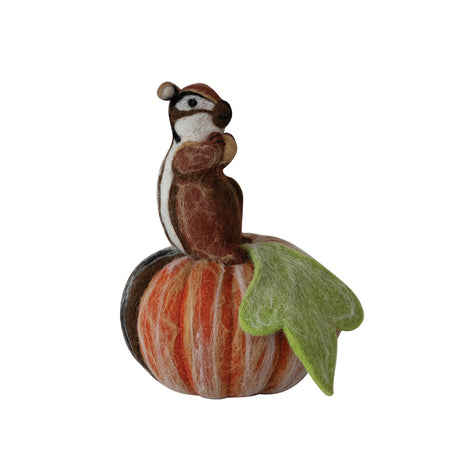 Handmade Wool Felt Chipmunk on Pumpkin