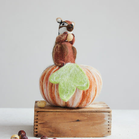 Handmade Wool Felt Chipmunk on Pumpkin