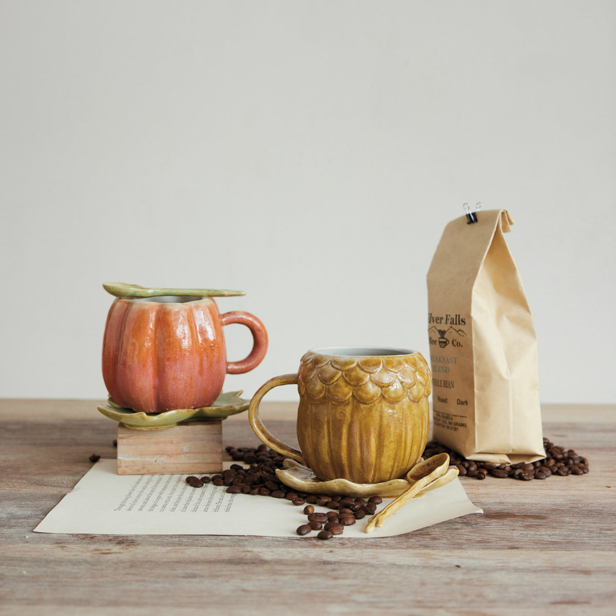 Pumpkin Shaped Mug with Leaf Saucer & Spoon