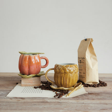 Pumpkin Shaped Mug with Leaf Saucer & Spoon