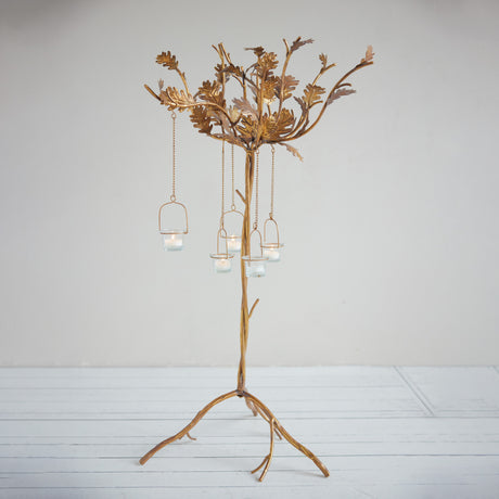 Gold Oak Leaf Candelabra with Hanging Tealight Holders