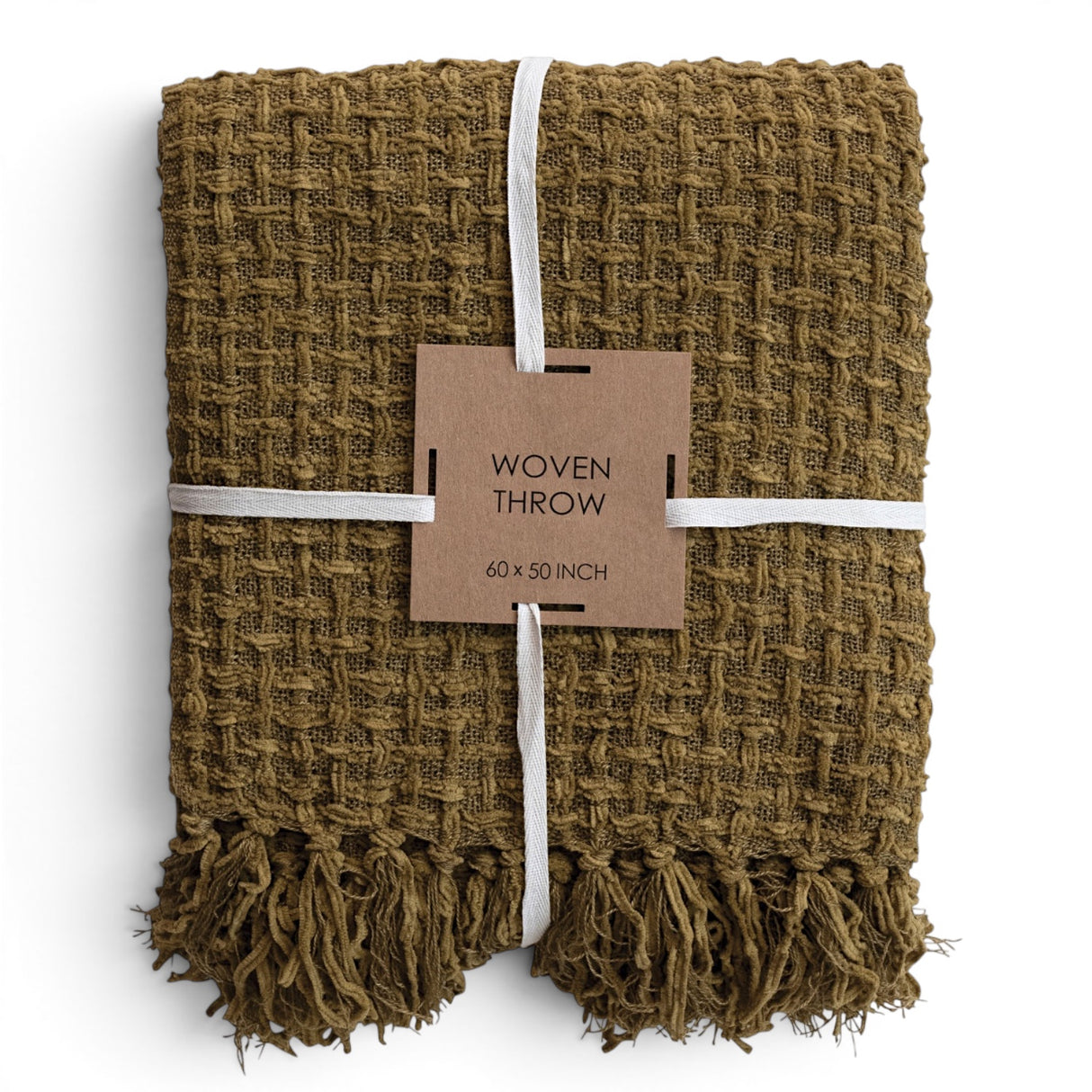 Olive green chenille waffle weave throw blanket with knotted fringe