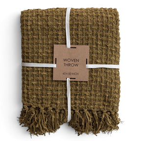Olive green chenille waffle weave throw blanket with knotted fringe