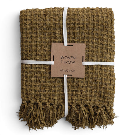 Olive green chenille waffle weave throw blanket with knotted fringe