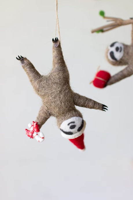 felt sloth ornament with santa hat