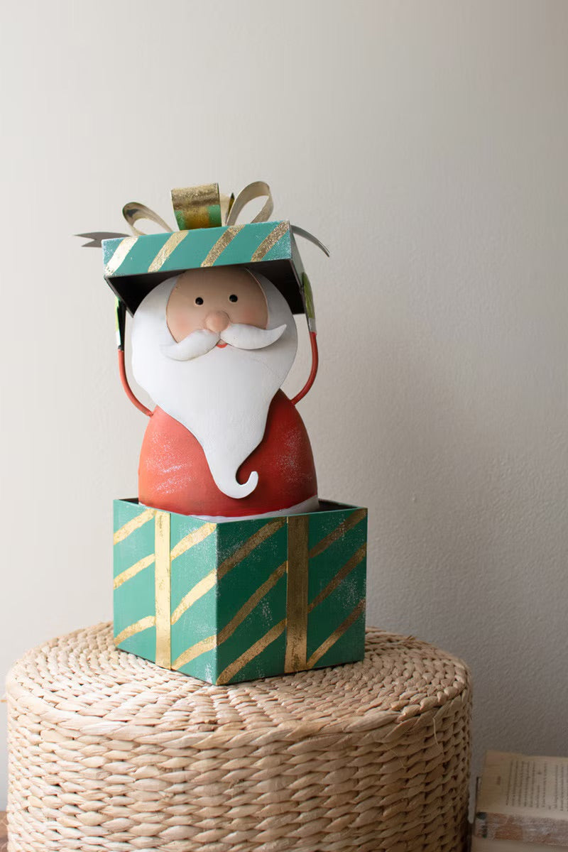 Painted Metal Santa with Christmas Gift Box