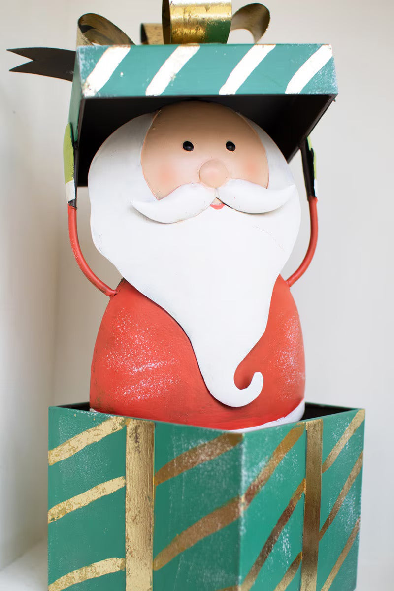 Painted Metal Santa with Christmas Gift Box